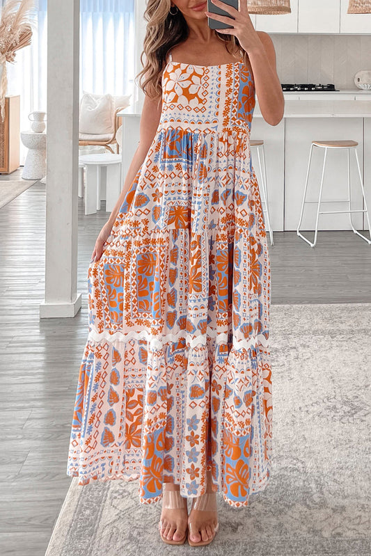 Orange Multi Printed Ricrac Trim Maxi Dress