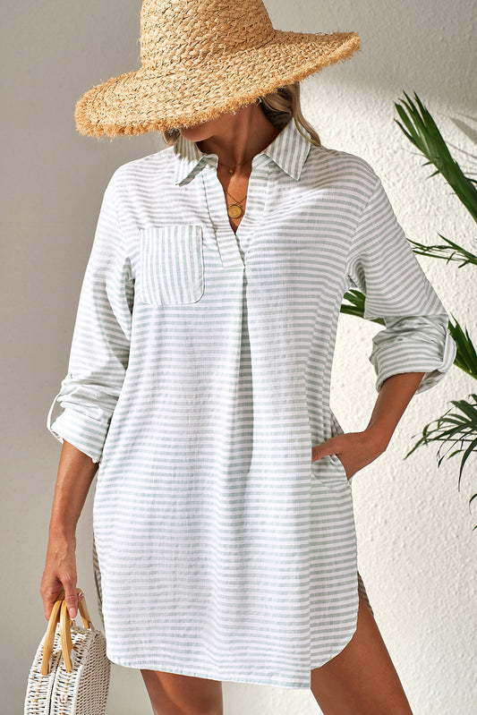 White Stripe Collared V Neck Beach Cover up