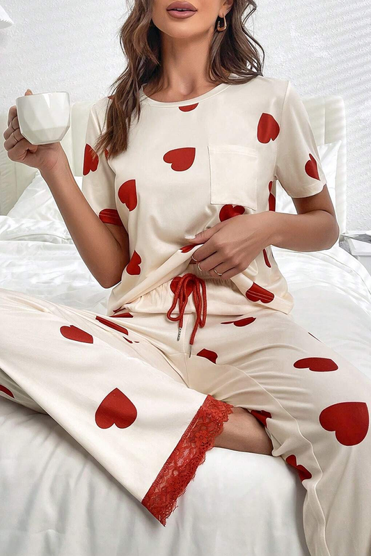 Heart Print Lace Hem Pajama Set