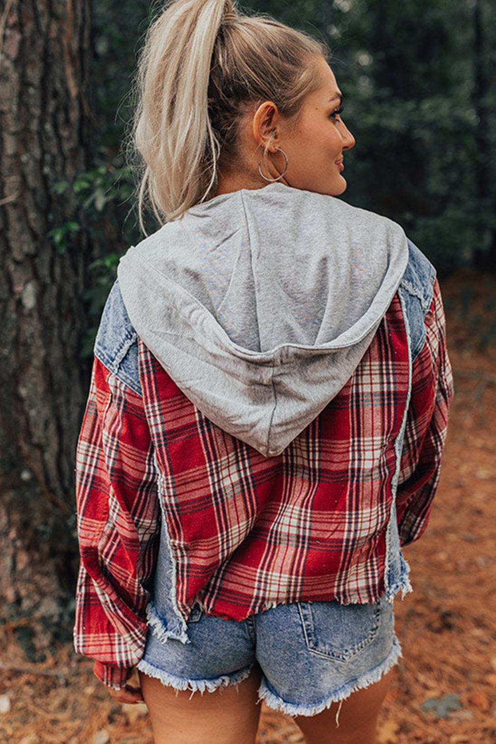 Plaid Hooded Distressed Denim Jacket