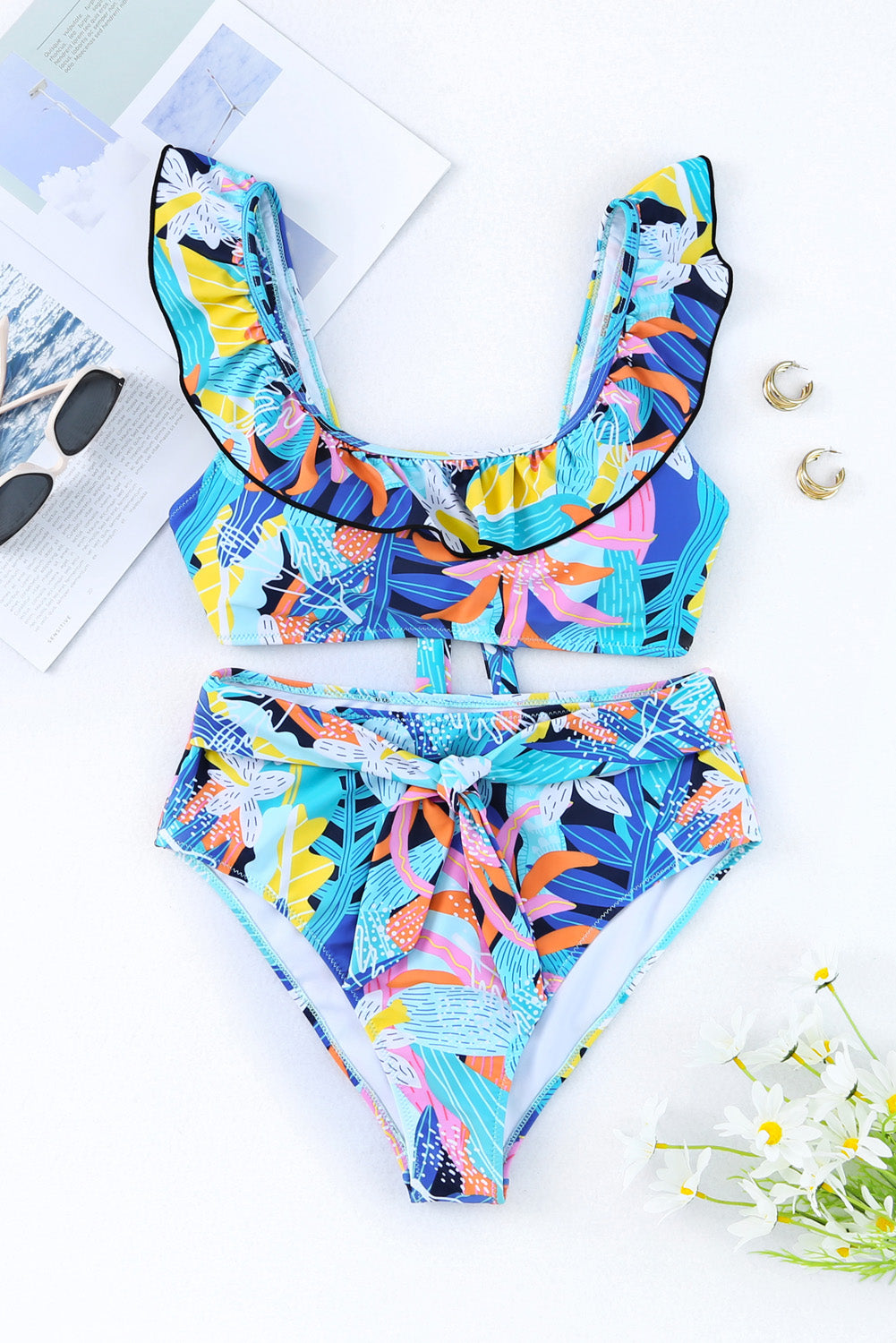 Blue Tropical Ruffle Bikini