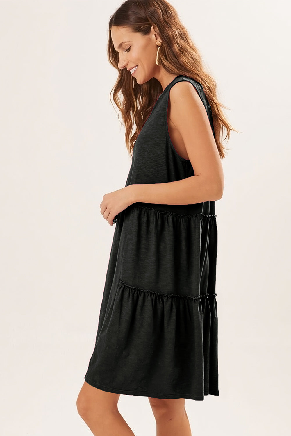 V Neck Tiered Ruffled Flowy Dress