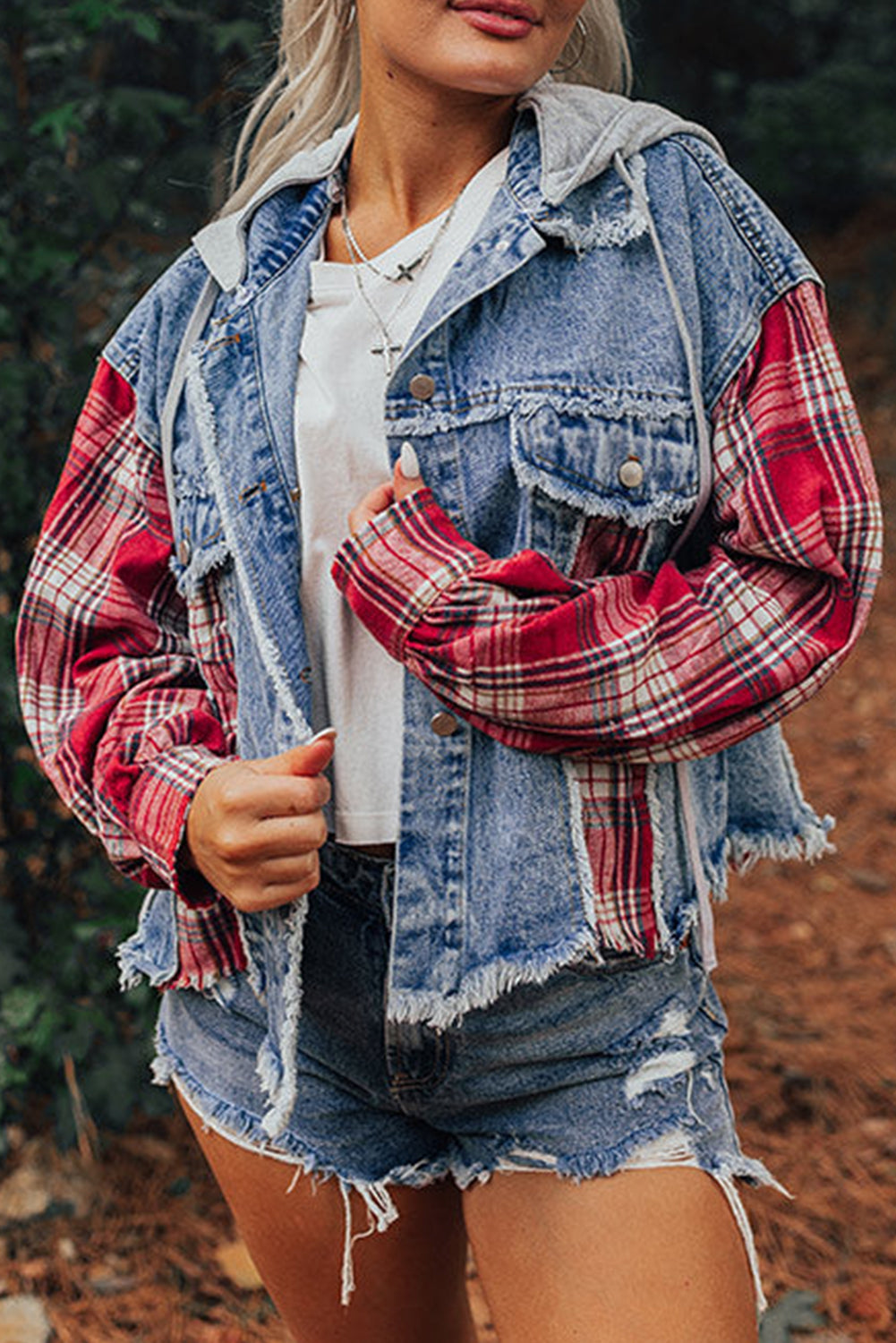 Plaid Hooded Distressed Denim Jacket