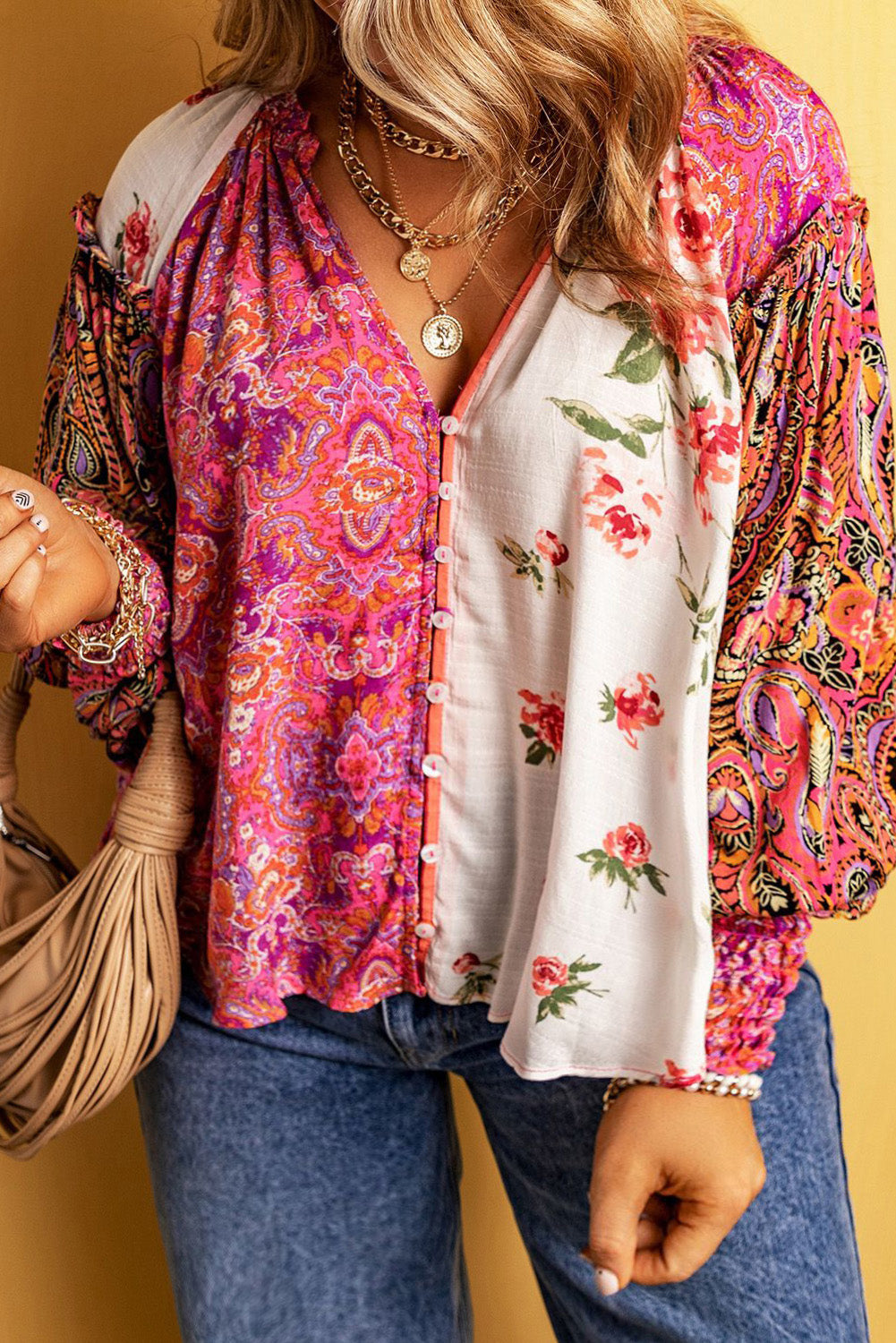 Boho Floral Patchwork Shirred Cuffs Blouse