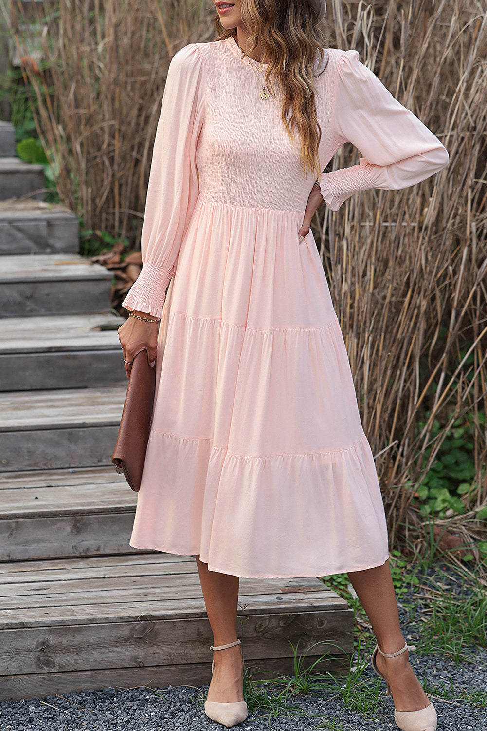 Smocked Bubble Sleeve Ruffle Tiered Midi Dress