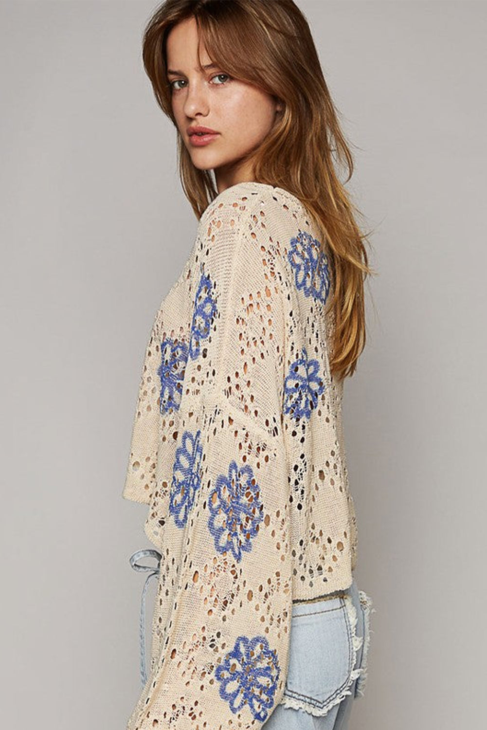 Flower Print Eyelet Drop Shoulder Sweater