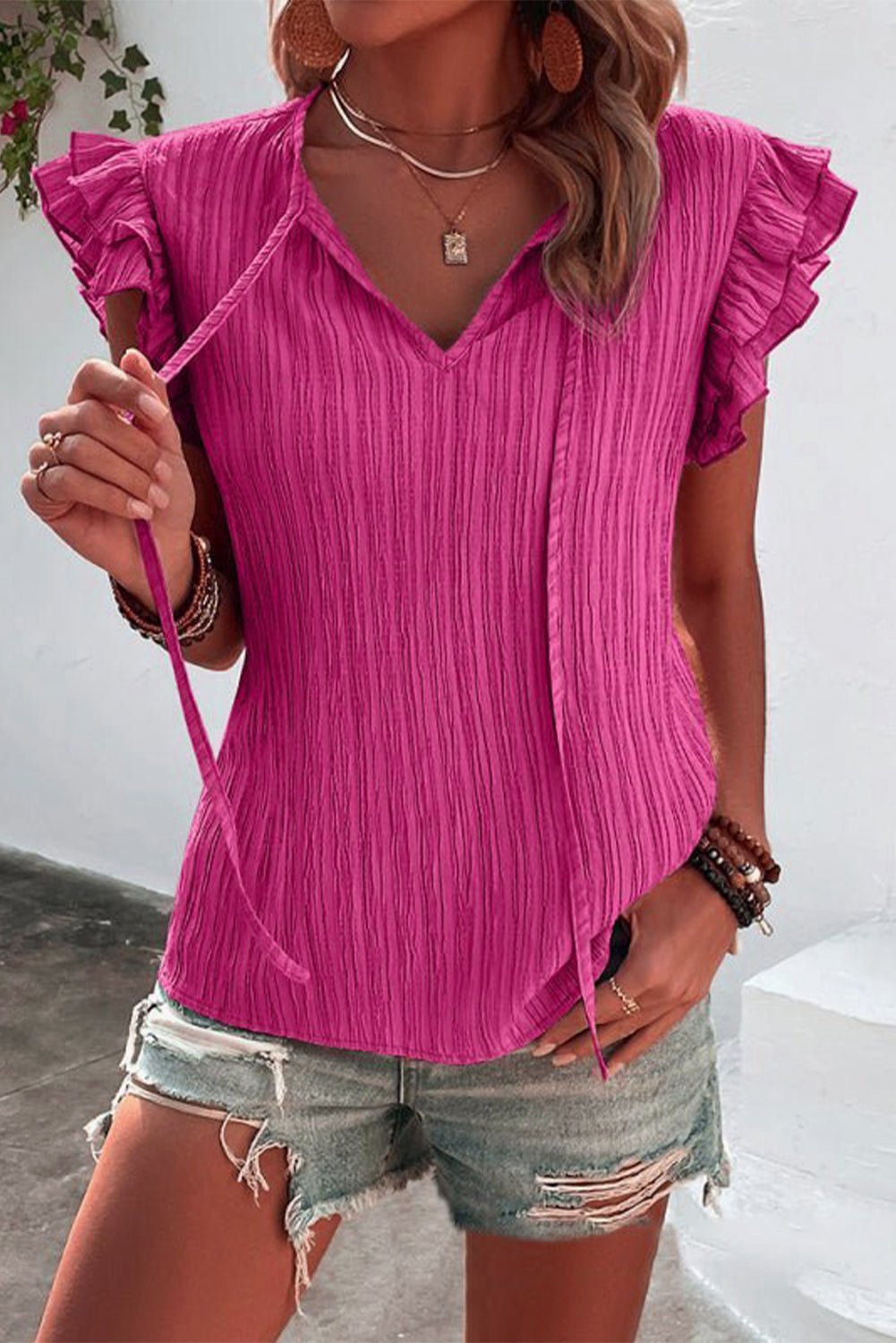 Textured Ruffle Sleeve Top