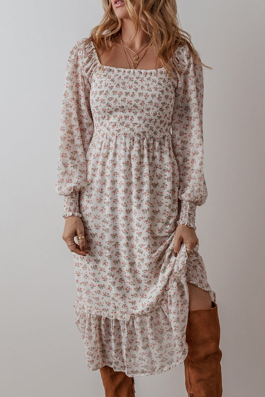 White Floral Smocked Dress