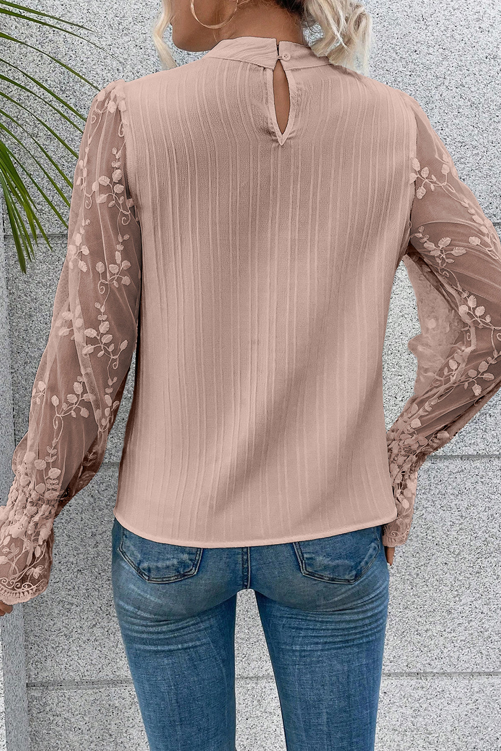 Apricot Lace Sleeve Mock Neck Blouse