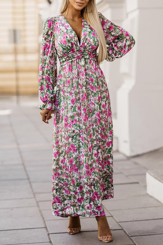 Floral Print Deep V Neck Maxi Dress