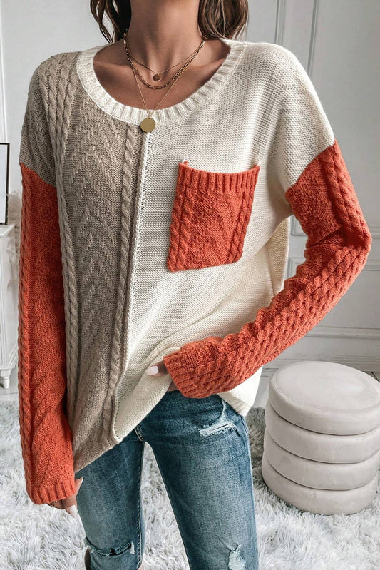 Colorblock Patched Pocket Drop Shoulder Sweater