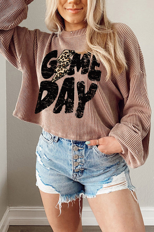 Game Day Graphic Crop Corded Knit Top