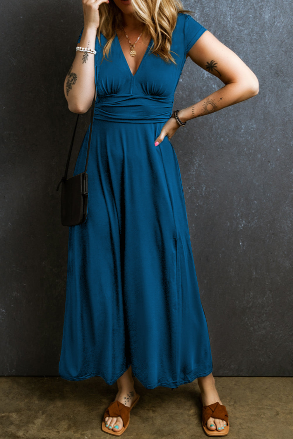 Shirred High Waist Maxi Dress