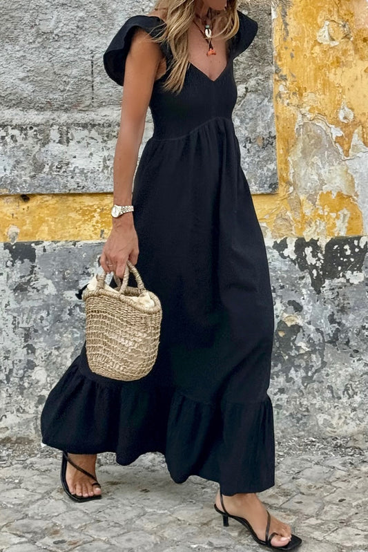 Black Flutter Sleeve High Waist Ruffle Maxi Dress