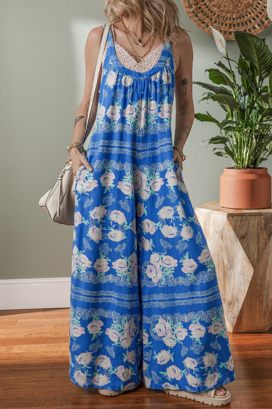 Blue Floral Print Wide Leg Jumpsuit