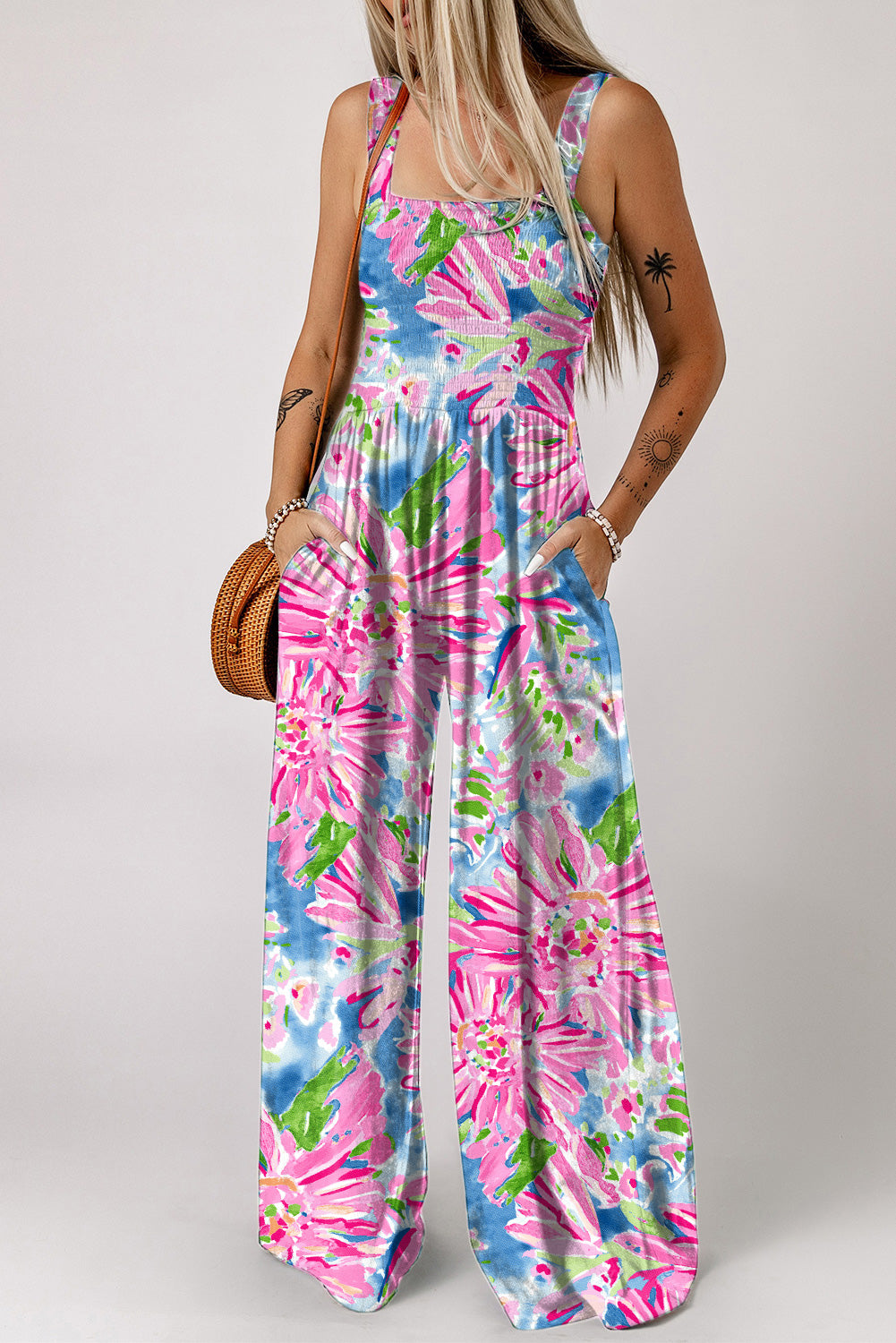 Pink Abstract Floral Smocked Wide Leg Jumpsuit