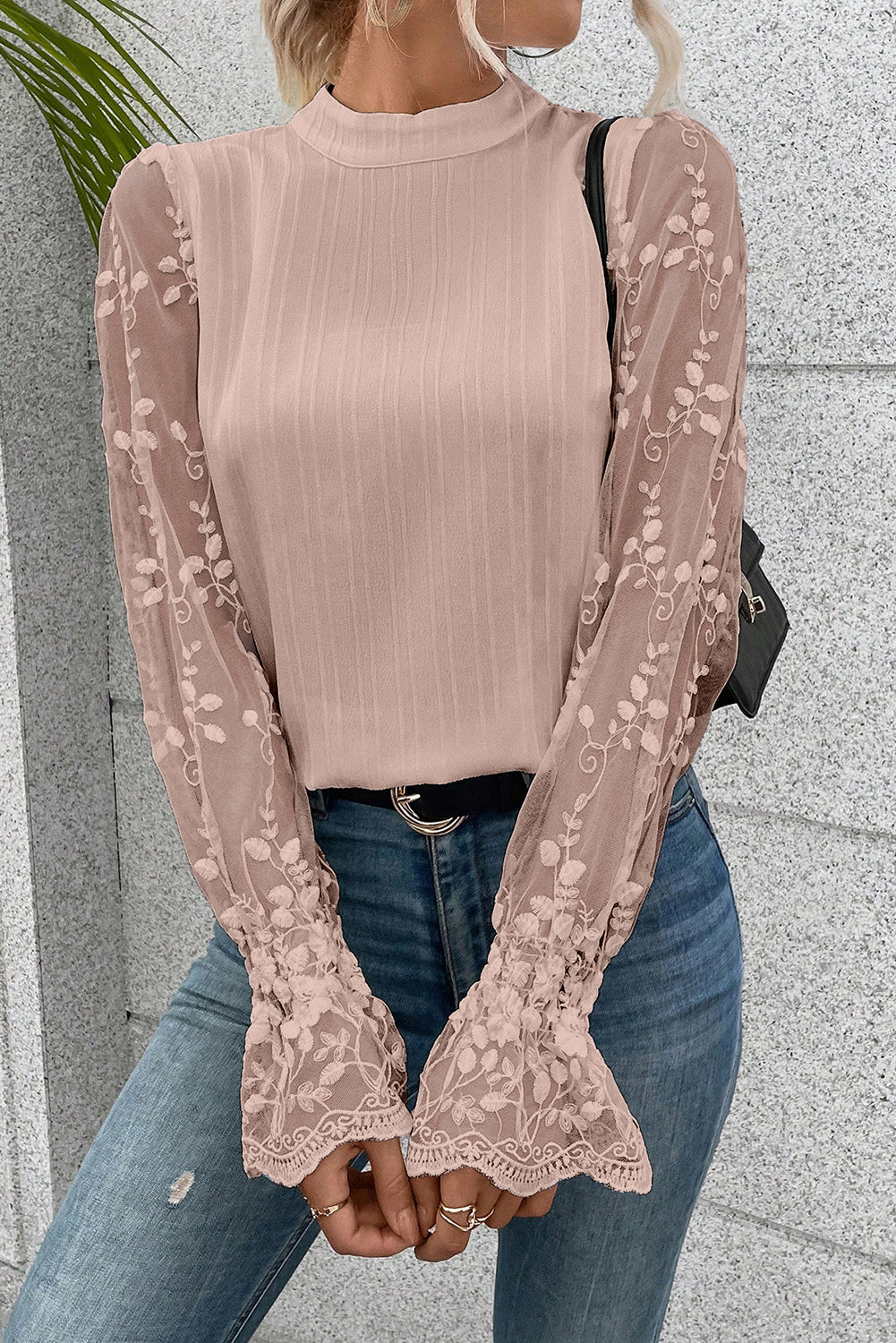 Apricot Lace Sleeve Mock Neck Blouse