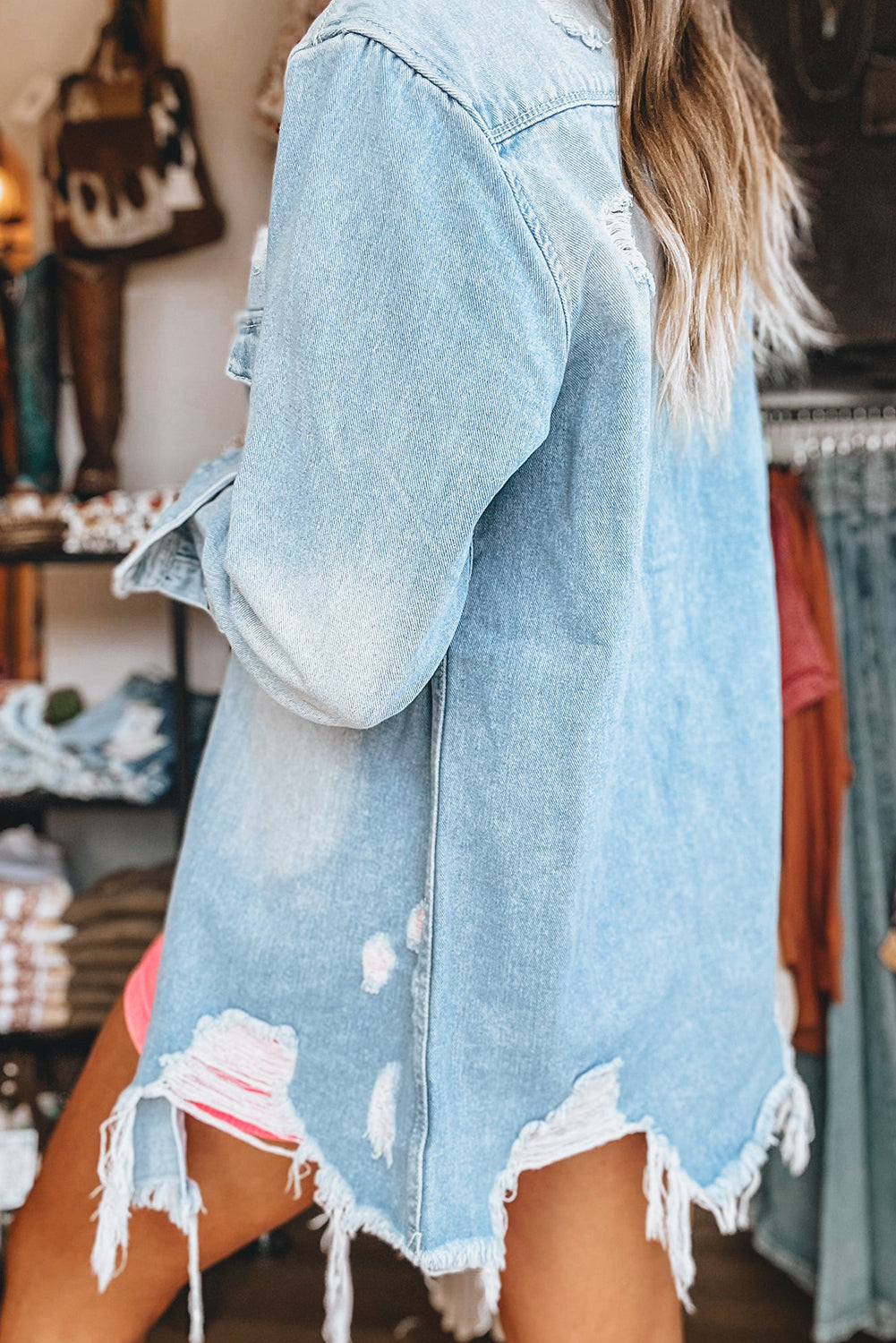 Distressed Long Denim Jacket