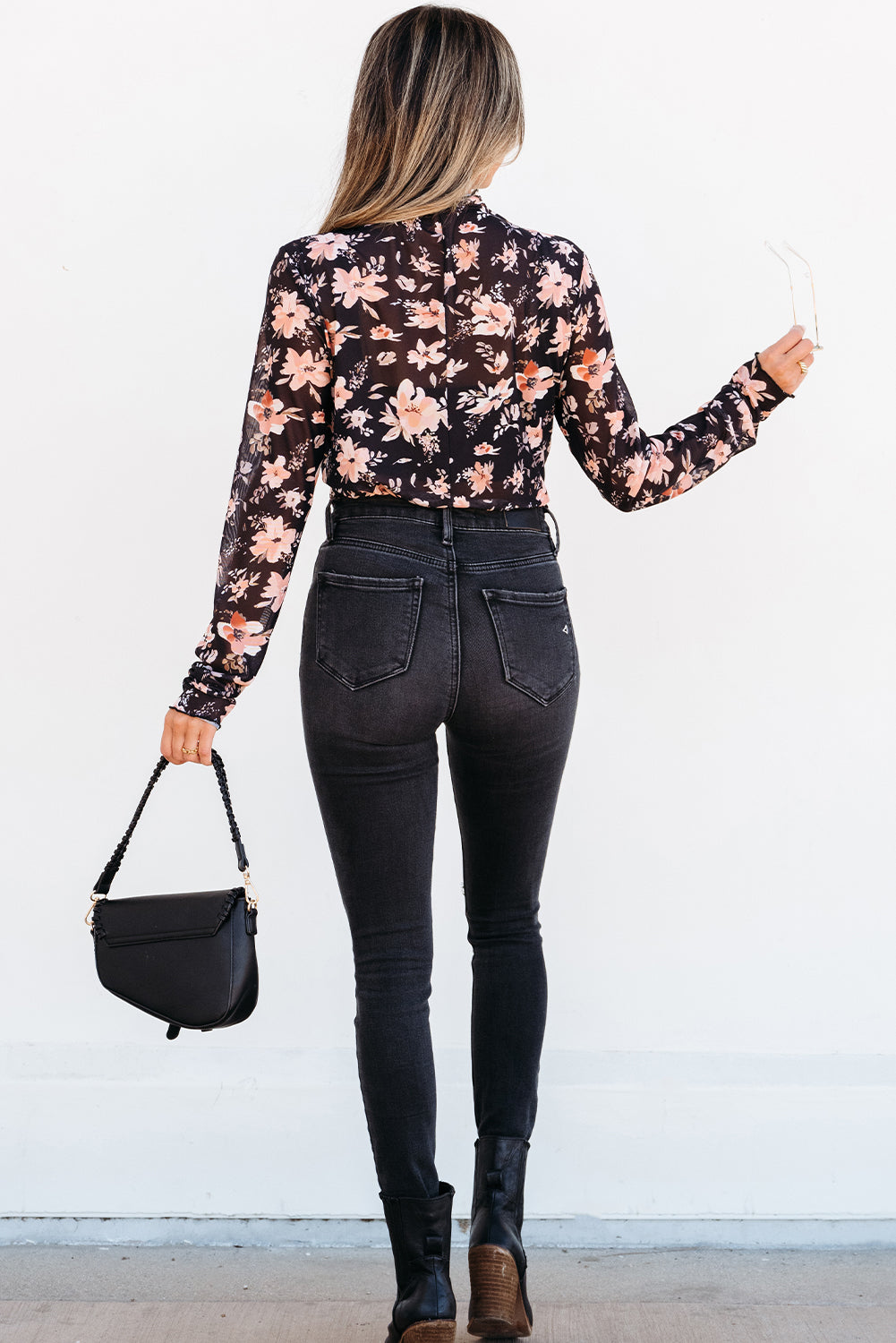 Floral Mesh Mock Neck Top