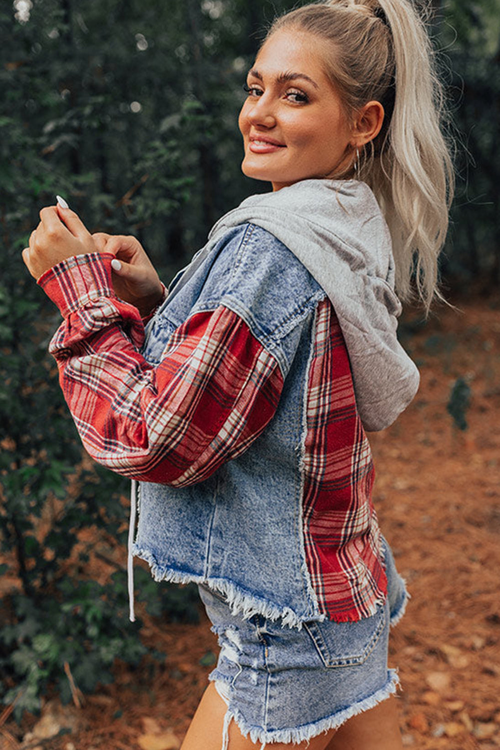 Plaid Hooded Distressed Denim Jacket