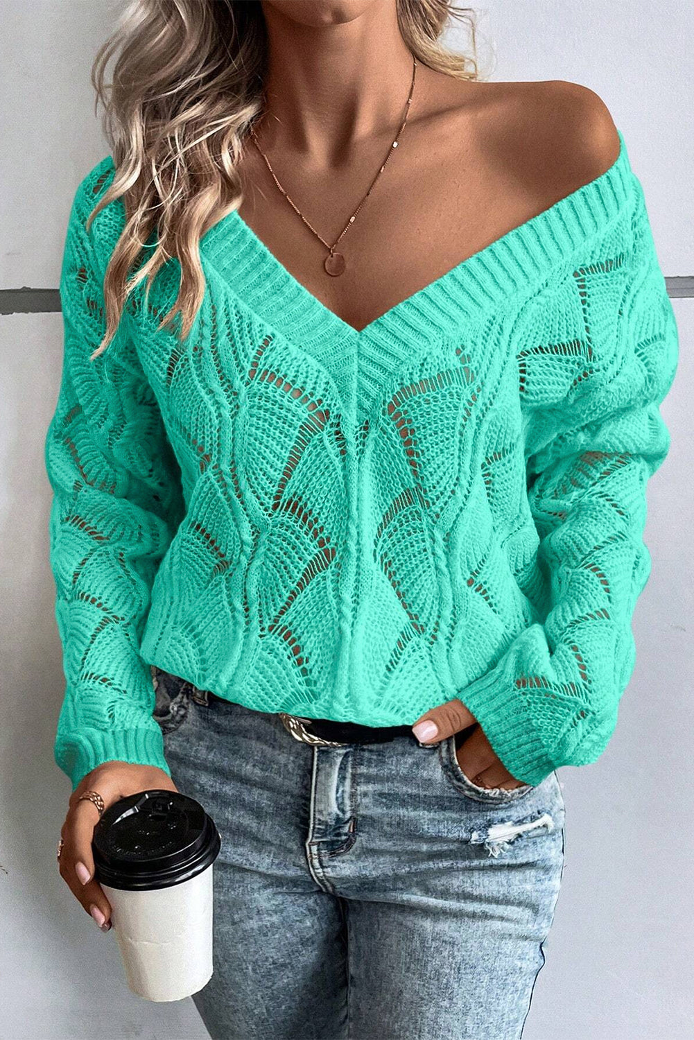 Hollow Knit V Neck Sweater