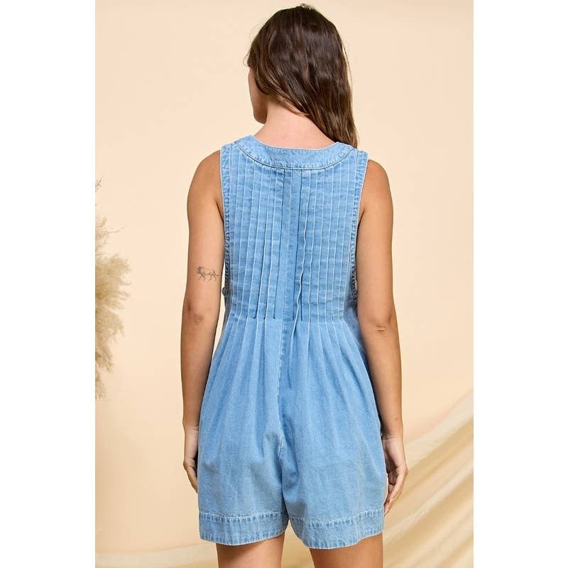 Denim V Neck Sleeveless Romper with Tie