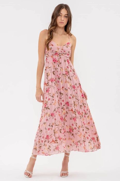 Pink Pleated Floral Maxi